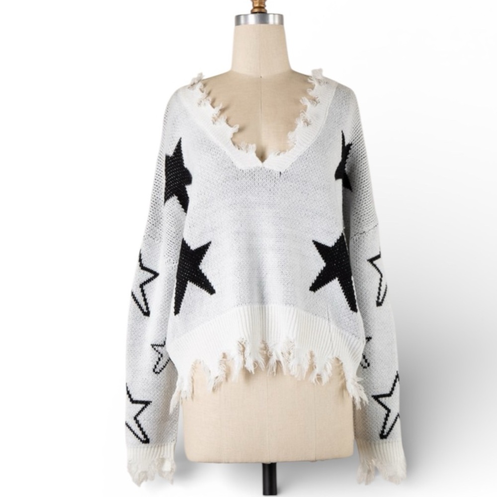 Miracle Black White Star print V Neck Long Sleeve Knit Sweater